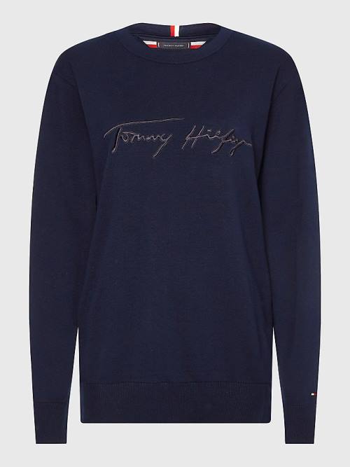 Blue Tommy Hilfiger Signature Logo Embroidery Jumper Men's Sweaters | TH369YUK