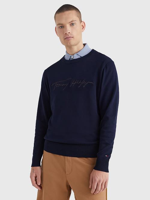 Blue Tommy Hilfiger Signature Logo Embroidery Jumper Men\'s Sweaters | TH369YUK