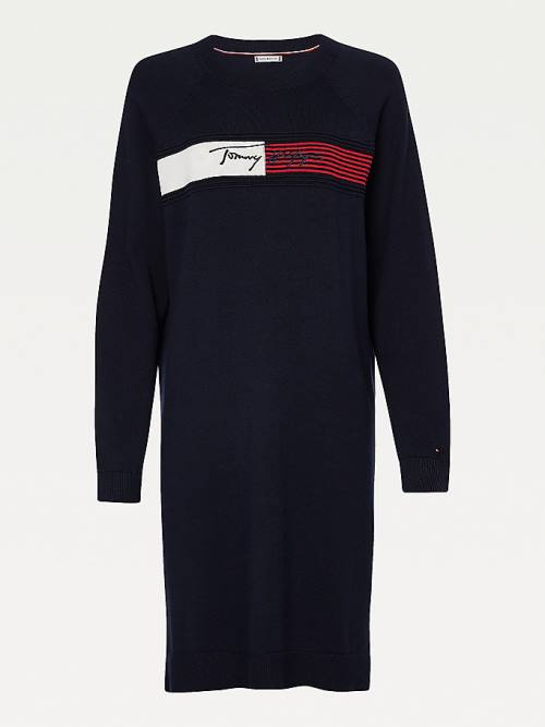 Blue Tommy Hilfiger Signature Logo Embroidery Knit Women's Dress | TH517NRG