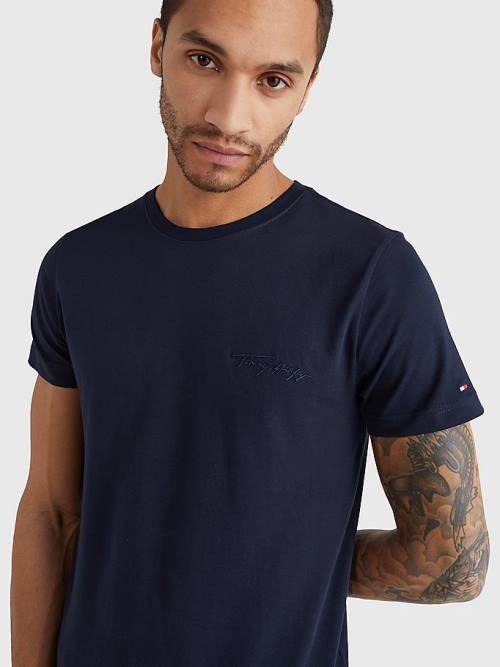 Blue Tommy Hilfiger Signature Logo Men's T Shirts | TH471OTI