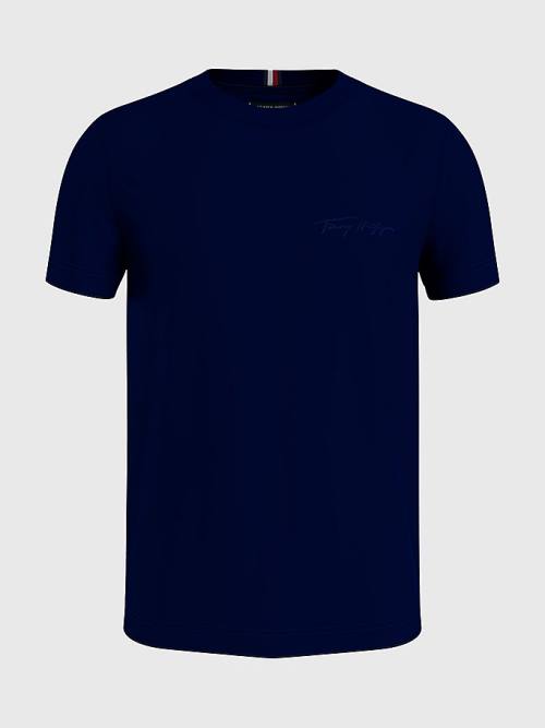 Blue Tommy Hilfiger Signature Logo Men's T Shirts | TH471OTI