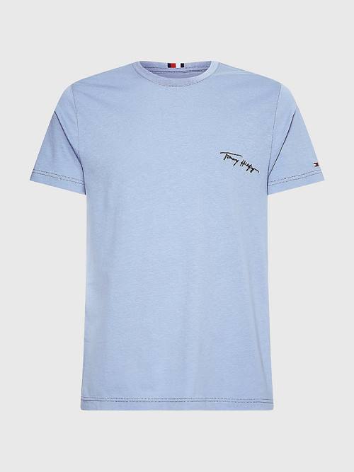 Blue Tommy Hilfiger Signature Logo Men's T Shirts | TH741BKZ