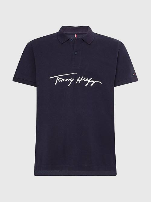 Blue Tommy Hilfiger Signature Logo Regular Fit Men's Polo Shirts | TH395EUD