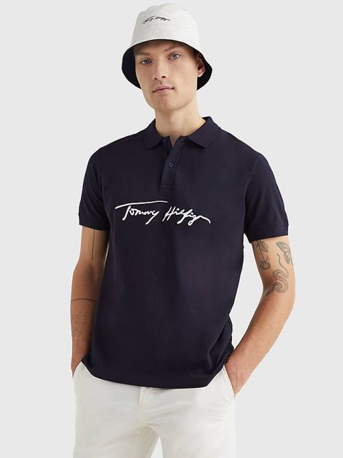 Blue Tommy Hilfiger Signature Logo Regular Fit Men\'s Polo Shirts | TH395EUD