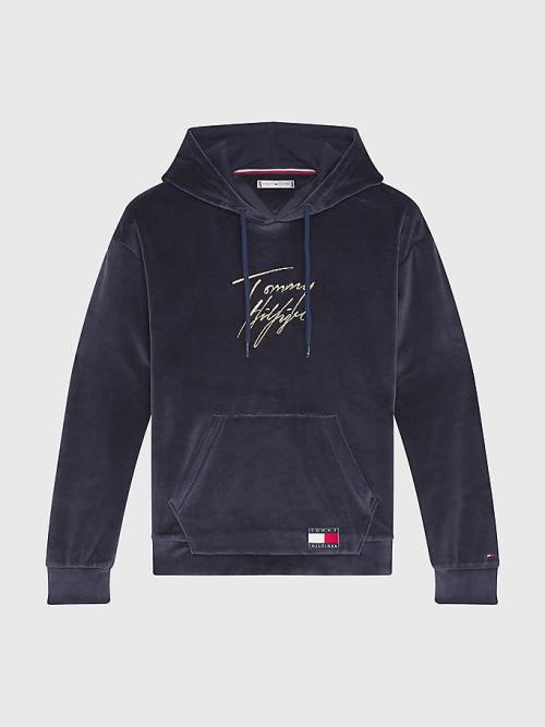 Blue Tommy Hilfiger Signature Logo Velour Women's Hoodie | TH653JLT