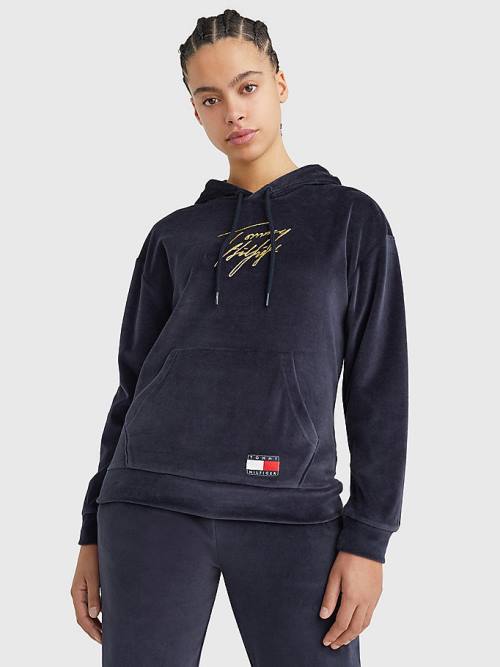 Blue Tommy Hilfiger Signature Logo Velour Women\'s Hoodie | TH653JLT