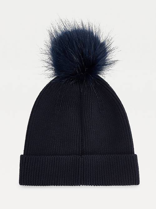 Blue Tommy Hilfiger Signature Pom Pom Beanie Women's Hats | TH412PYA