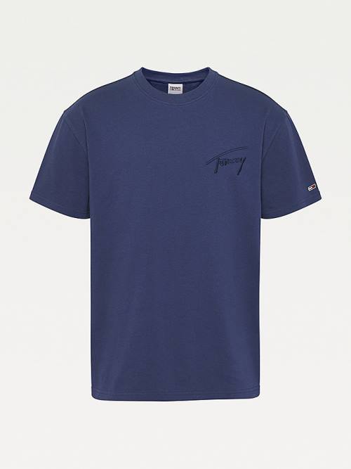 Blue Tommy Hilfiger Signature Recycled Cotton Men's T Shirts | TH014GYR