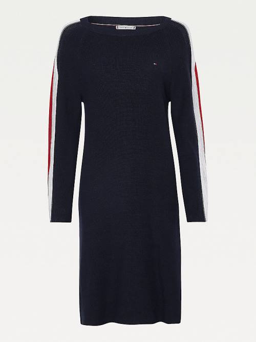 Blue Tommy Hilfiger Signature Sleeve Boat Neck Knit Women's Dress | TH456RBW