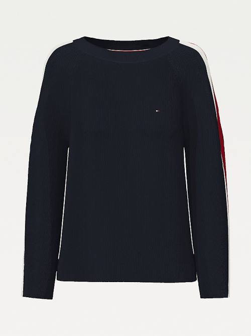 Blue Tommy Hilfiger Signature Sleeve Round Neck Jumper Women's Sweaters | TH569RYF