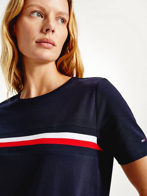 Blue Tommy Hilfiger Signature Tape Crew Neck Women's T Shirts | TH305GHS