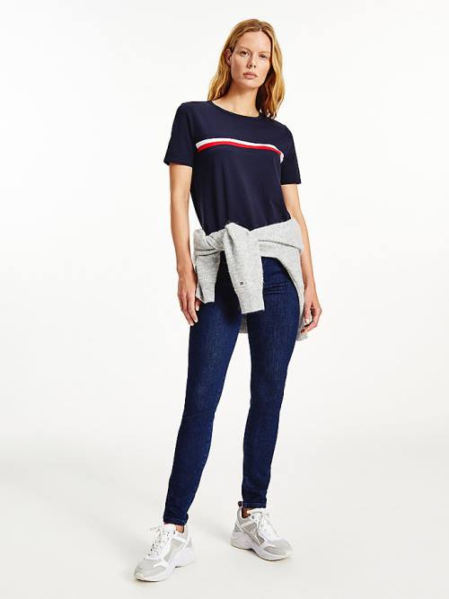 Blue Tommy Hilfiger Signature Tape Crew Neck Women\'s T Shirts | TH305GHS