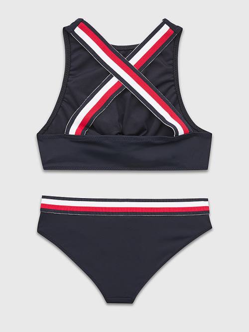 Blue Tommy Hilfiger Signature Tape Crop Top Bikini Set Girls' Swimwear | TH472DNV