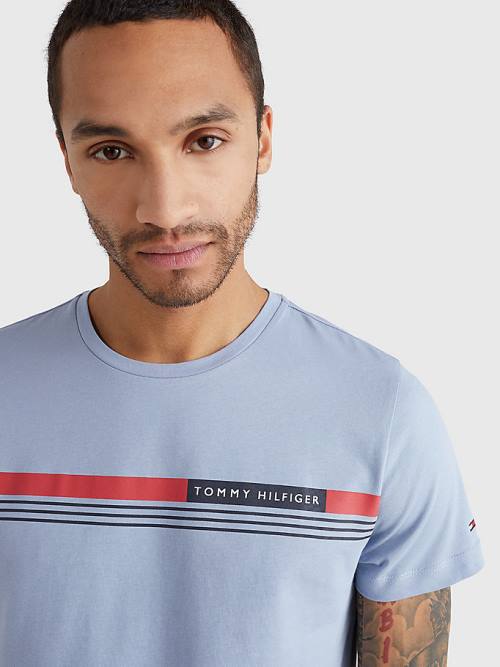 Blue Tommy Hilfiger Signature Tape Men's T Shirts | TH329FJV