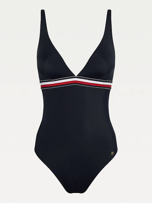 Blue Tommy Hilfiger Signature Tape One Piecesuit Women's Swimwear | TH831MNV