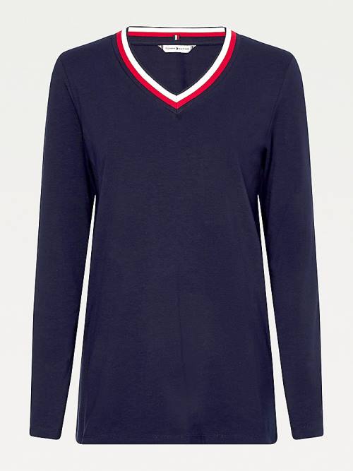 Blue Tommy Hilfiger Signature Tape V-Neck Long Sleeve Women's T Shirts | TH382JRT