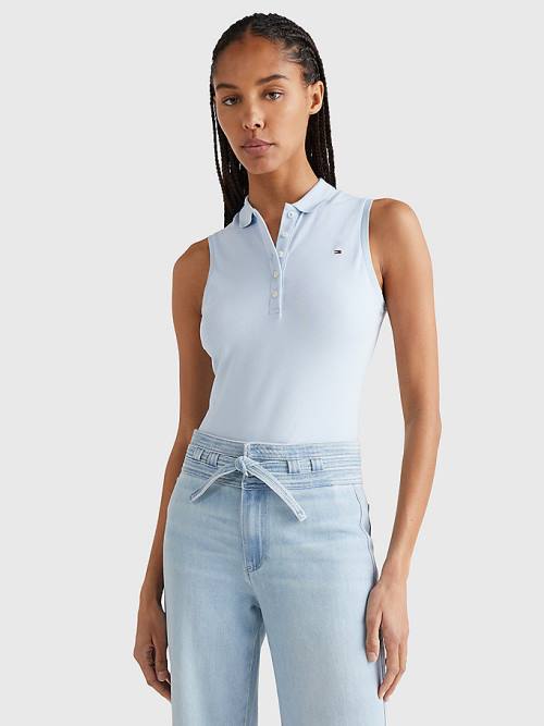 Blue Tommy Hilfiger Sleeveless Stretch Cotton Slim Fit Women's Polo Shirts | TH048ROS