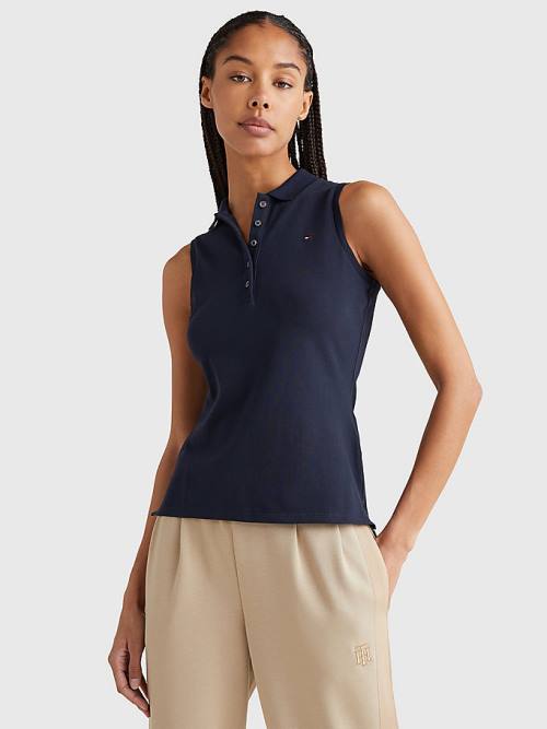 Blue Tommy Hilfiger Sleeveless Stretch Cotton Slim Fit Women's Polo Shirts | TH498CFZ