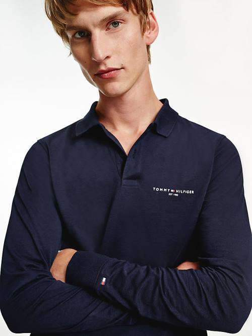 Blue Tommy Hilfiger Slim Fit Long Sleeve Men's Polo Shirts | TH837OFM