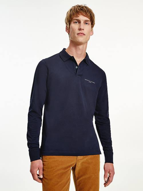 Blue Tommy Hilfiger Slim Fit Long Sleeve Men\'s Polo Shirts | TH837OFM