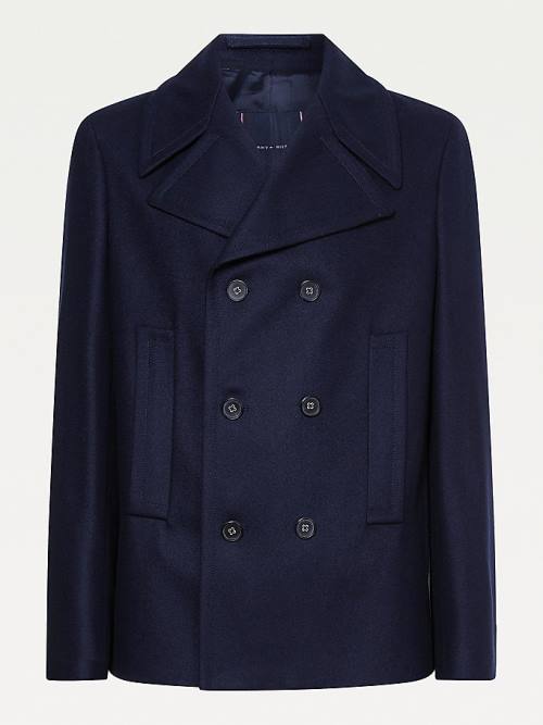 Blue Tommy Hilfiger Slim Fit Wool Blend Peacoat Men's Coats | TH748UPX