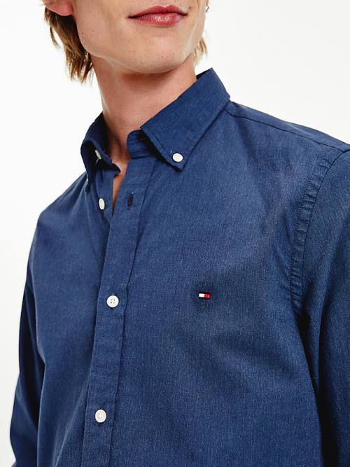 Blue Tommy Hilfiger Slub Organic Cotton Slim Fit Men's Shirts | TH708NSM