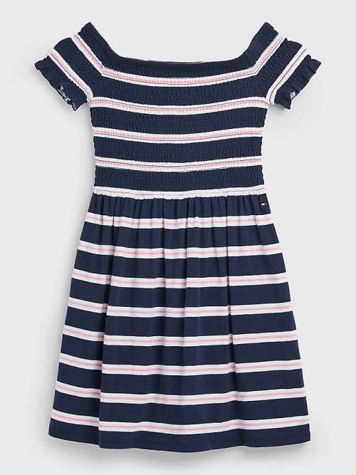 Blue Tommy Hilfiger Smocked Stripe Fit & Flare Girls\' Dress | TH139GAN