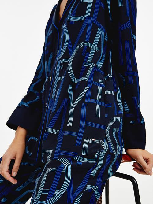 Blue Tommy Hilfiger Spell Out Print Viscose Women's Blouse | TH637DMS