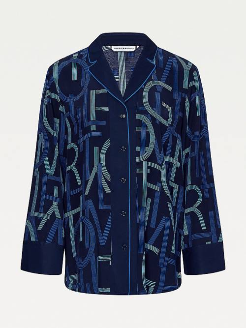 Blue Tommy Hilfiger Spell Out Print Viscose Women's Blouse | TH637DMS