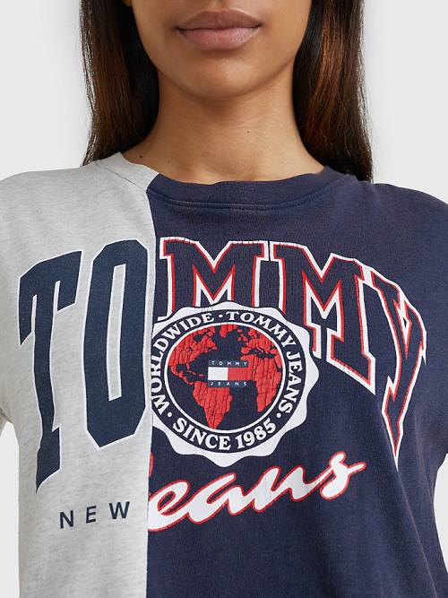 Blue Tommy Hilfiger Spliced Logo Cropped Women's T Shirts | TH401LOY