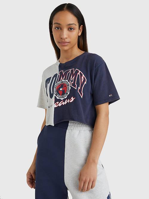 Blue Tommy Hilfiger Spliced Logo Cropped Women\'s T Shirts | TH401LOY