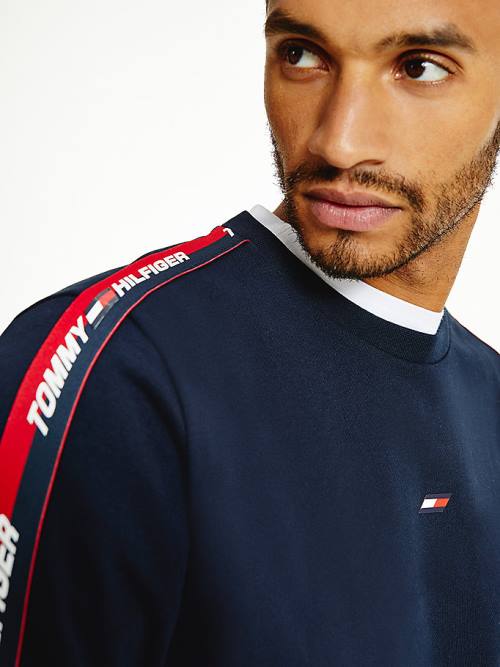 Blue Tommy Hilfiger Sport Logo Tape Men's Sweatshirts | TH329IEV