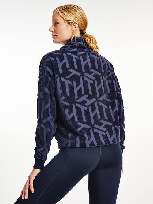 Blue Tommy Hilfiger Sport Monogram High Neck Sweatshirt Women's Hoodie | TH465IYN