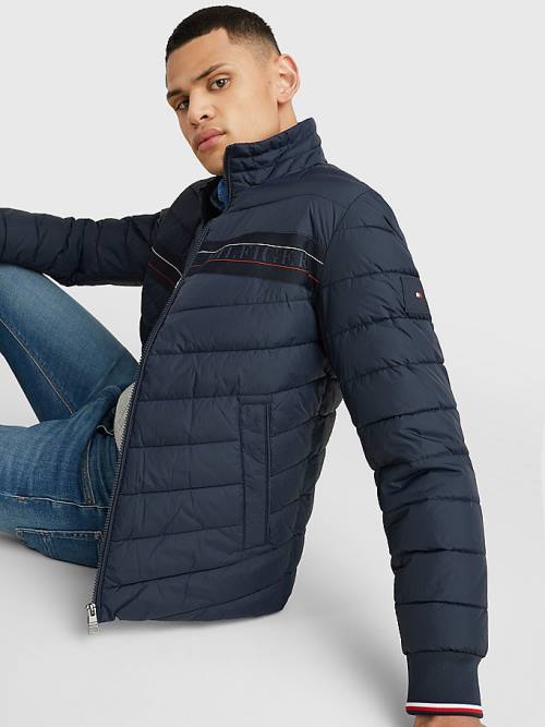 Blue Tommy Hilfiger Stand-Up Collar Tape Puffer Men's Jackets | TH089STG