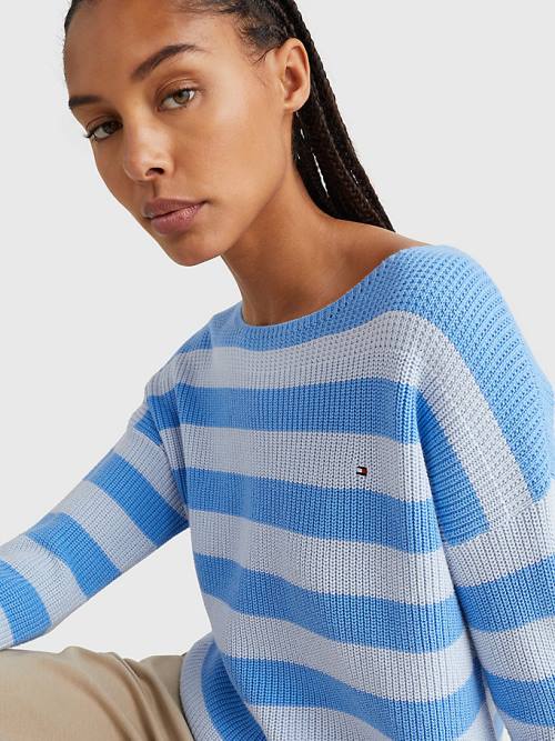 Blue Tommy Hilfiger Stripe Boat Neck Relaxed Fit Jumper Women's Sweaters | TH104DUS