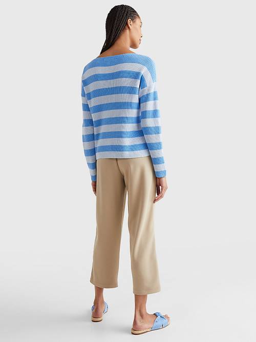 Blue Tommy Hilfiger Stripe Boat Neck Relaxed Fit Jumper Women's Sweaters | TH104DUS