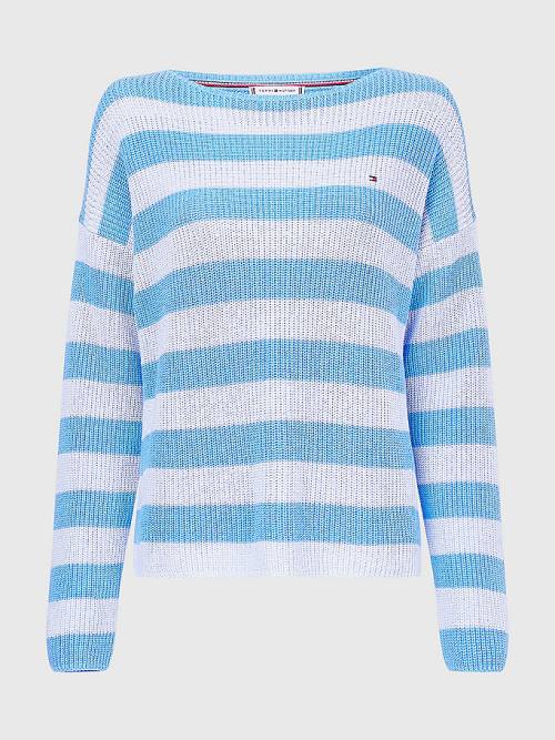 Blue Tommy Hilfiger Stripe Boat Neck Relaxed Fit Jumper Women's Sweaters | TH104DUS