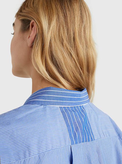 Blue Tommy Hilfiger Stripe Boyfriend Fit Women's Shirts | TH798MLH