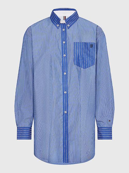 Blue Tommy Hilfiger Stripe Boyfriend Fit Women's Shirts | TH798MLH