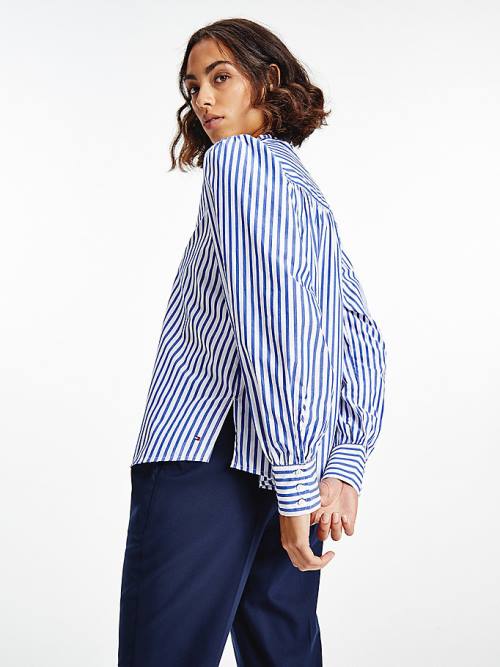 Blue Tommy Hilfiger Stripe Relaxed Fit Frill Women's Blouse | TH356QYV