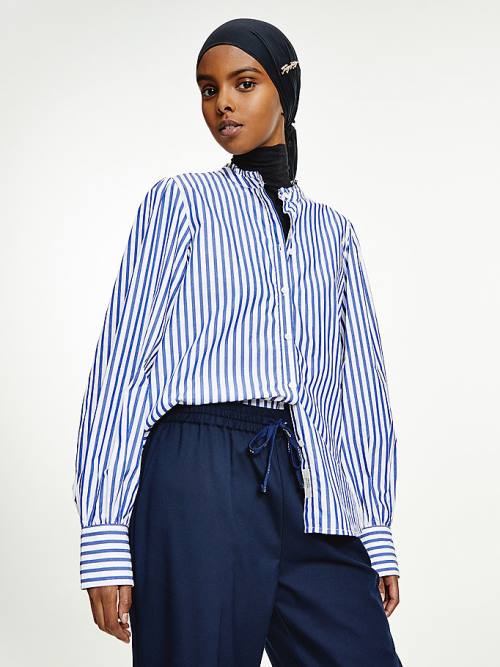 Blue Tommy Hilfiger Stripe Relaxed Fit Frill Women's Blouse | TH356QYV