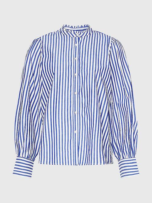 Blue Tommy Hilfiger Stripe Relaxed Fit Frill Women's Blouse | TH356QYV