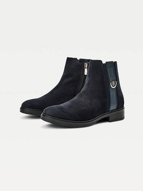 Blue Tommy Hilfiger Suede Monogram Ankle Women's Boots | TH529IUX