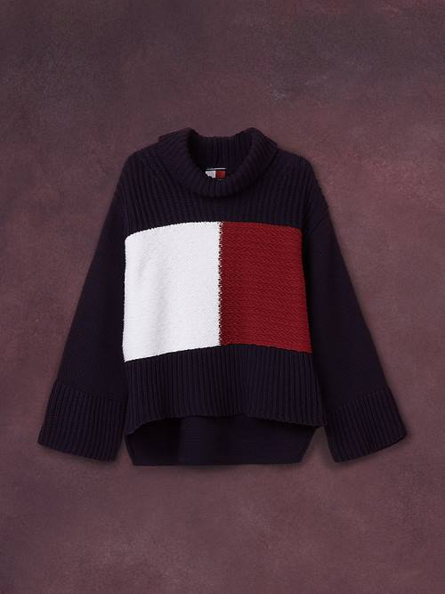 Blue Tommy Hilfiger TH Collection Flag Icon Ribbed Jumper Women's Sweaters | TH495GVA