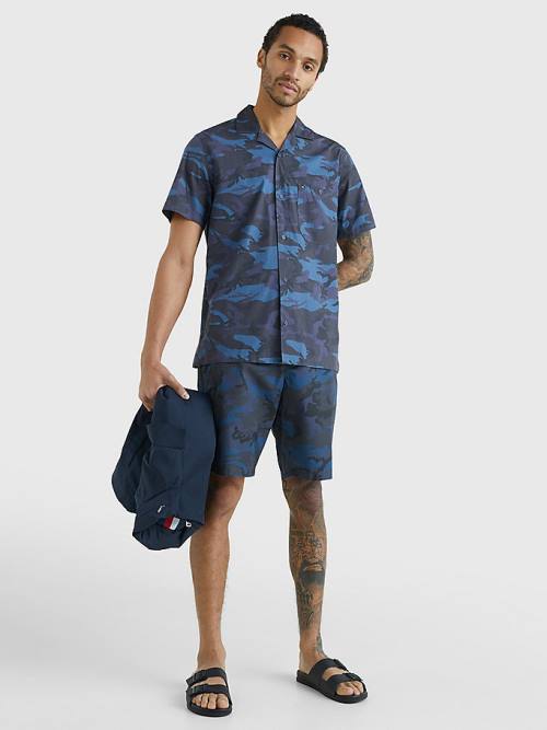 Blue Tommy Hilfiger TH Flex Camo Short Sleeve Men's Shirts | TH724IKA