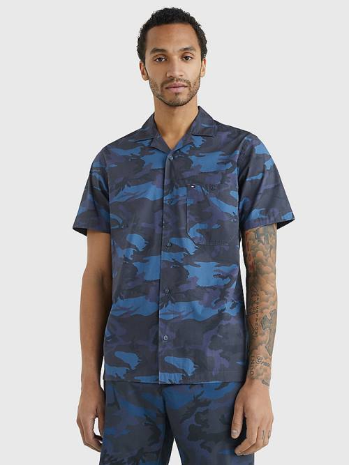 Blue Tommy Hilfiger TH Flex Camo Short Sleeve Men's Shirts | TH724IKA