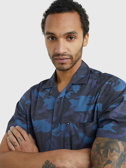 Blue Tommy Hilfiger TH Flex Camo Short Sleeve Men's Shirts | TH724IKA