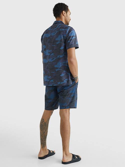 Blue Tommy Hilfiger TH Flex Camo Short Sleeve Men's Shirts | TH724IKA