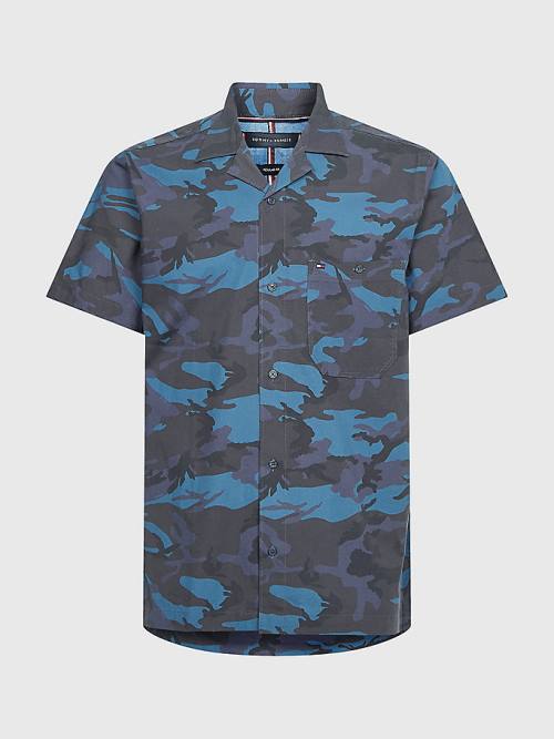 Blue Tommy Hilfiger TH Flex Camo Short Sleeve Men\'s Shirts | TH724IKA