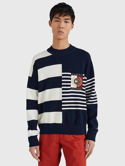 Blue Tommy Hilfiger TH Flex Crest Stripe Jumper Men\'s Sweaters | TH958HVM